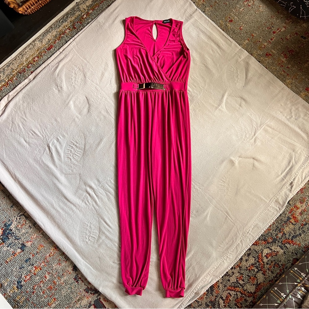 Vintage 80’s Hot Pink Sleeveless Jumpsuit with Gold Belt Detail